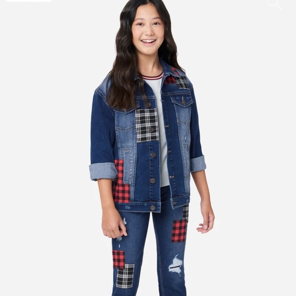 Justice Girl's Medium Wash Long Sleeve Button Up Patchwork Denim Jacket - NWT - Picture 3 of 11